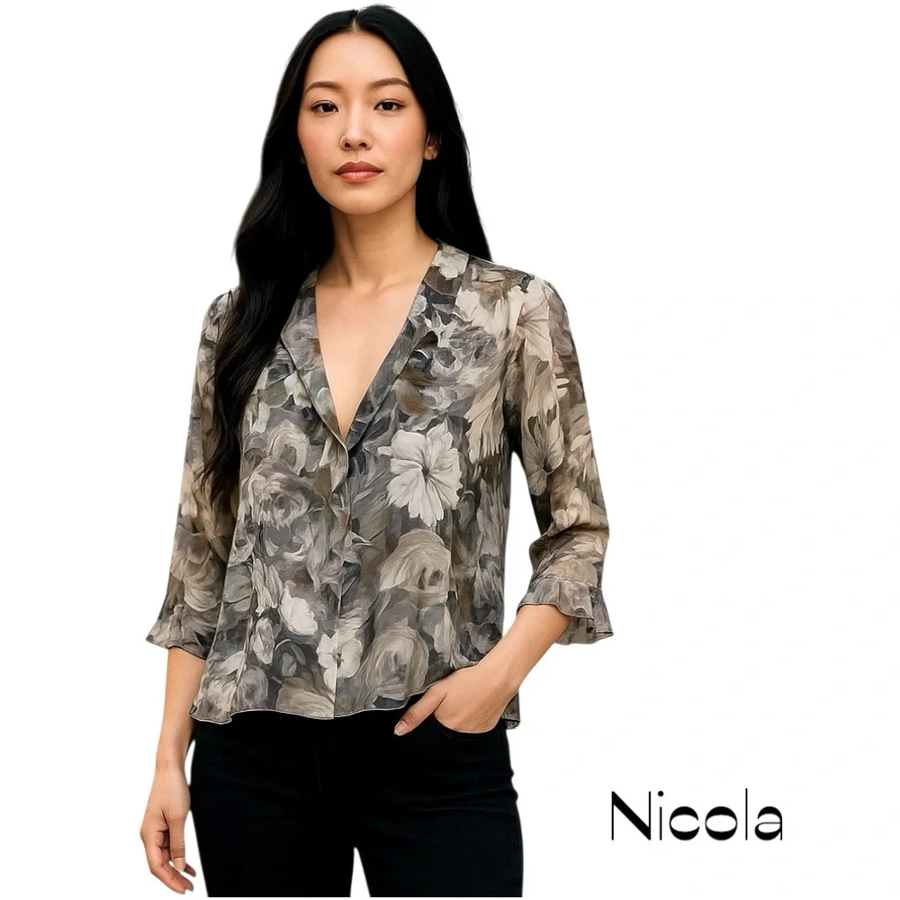 Nicola Sheer Black Gray White Floral Ruffled Top NWOT Size S